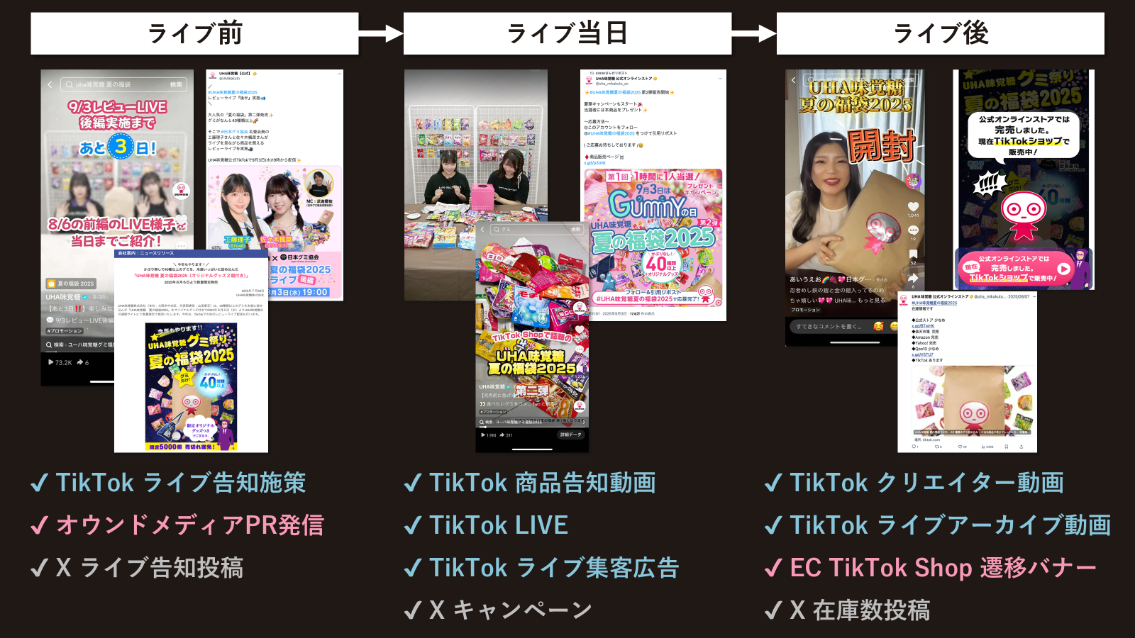 プレ施策とグミの日施策における、ライブ配信前・中・後のコミュニケーション設計